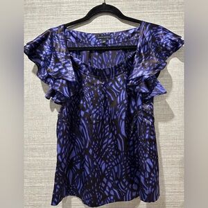 Banana Republic Blue and Black Patterned 100% Silk Blouse